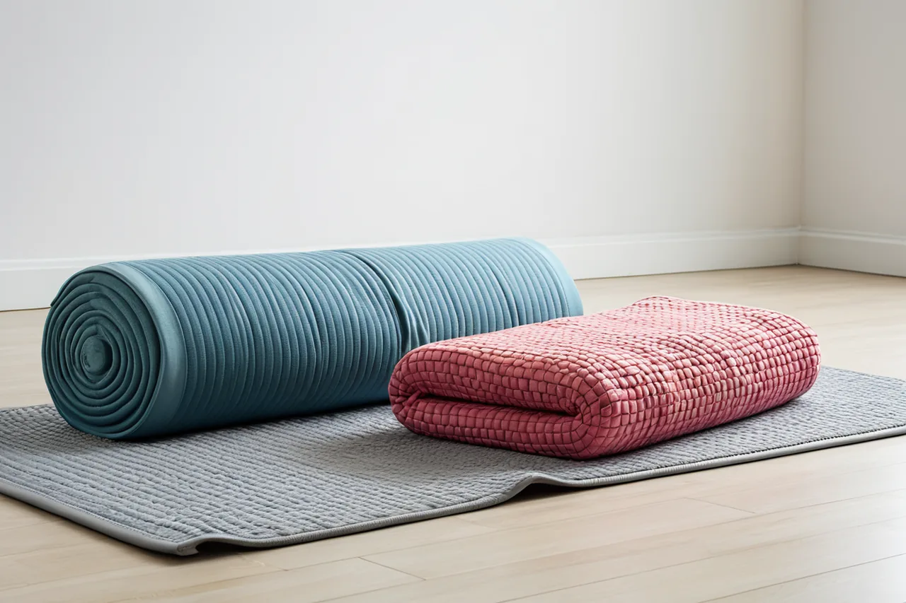 Elderly man and woman meditating outdoors on yoga mats in a peaceful park setting.