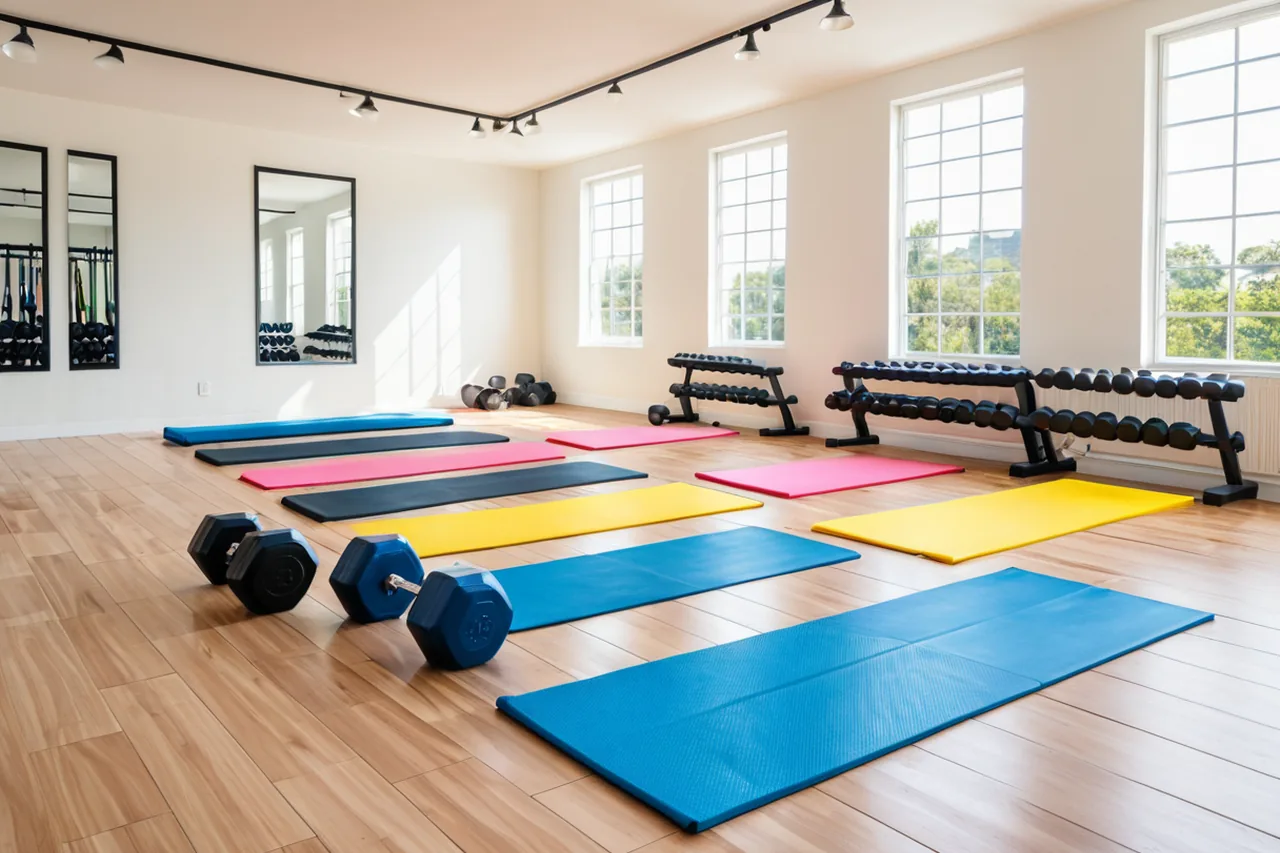 Active senior couple performing stretching exercises on mats in a modern fitness gym.