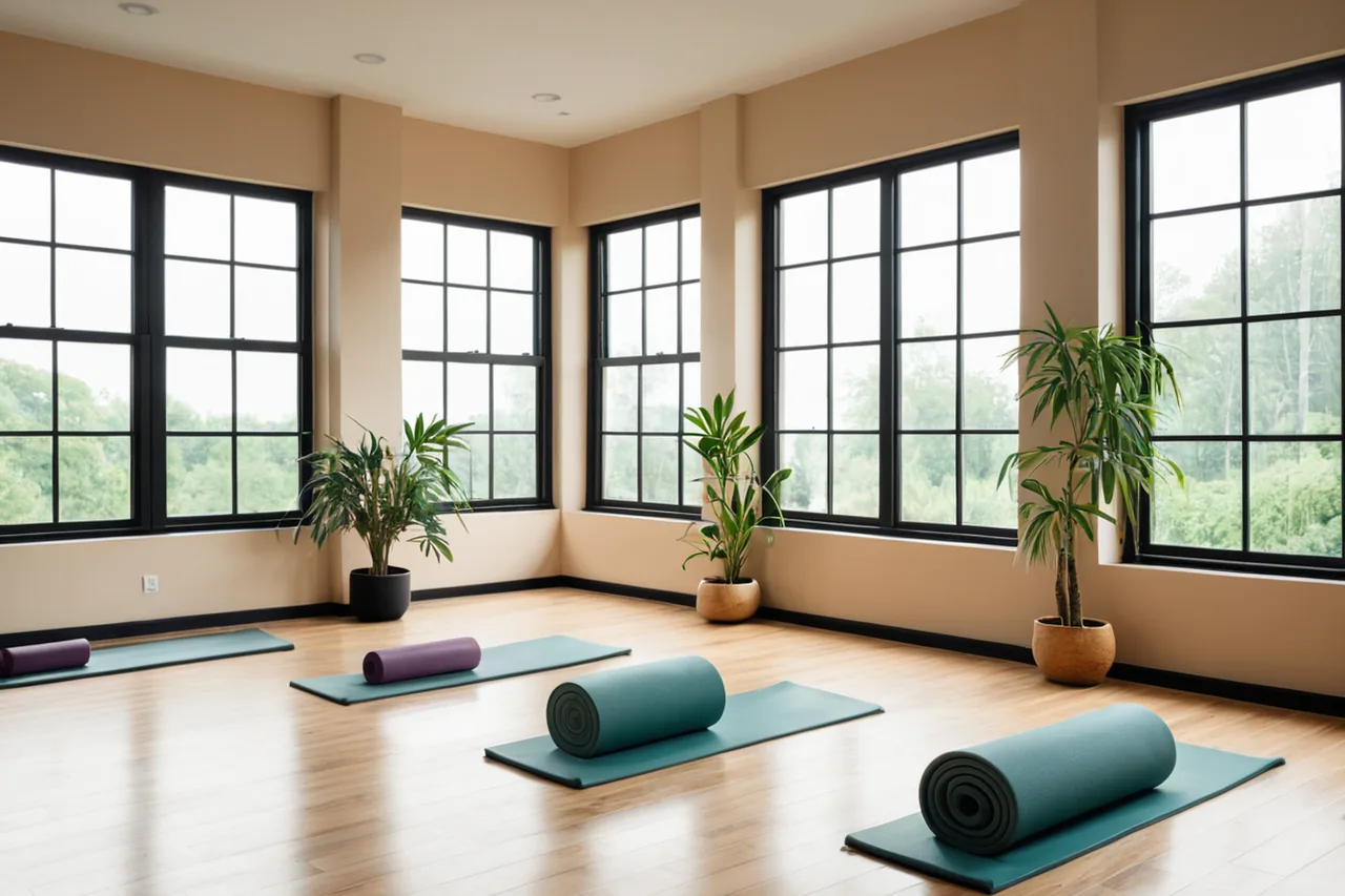 Senior couple performing yoga poses in a peaceful greenhouse setting.