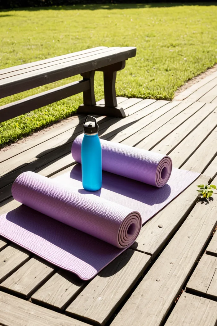 Elderly couple walking in park carrying yoga mats for a wellness session.